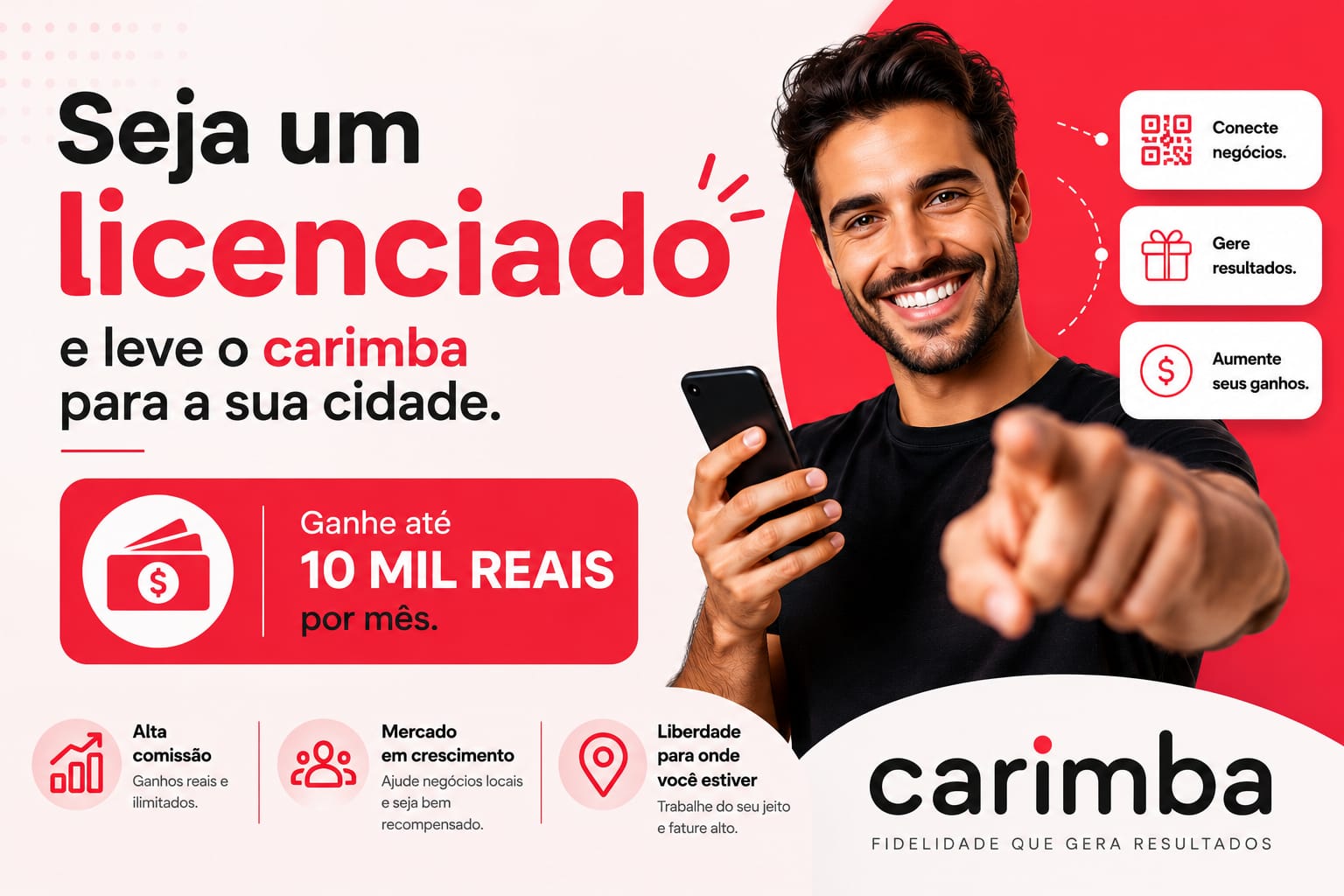 Seja um licenciado Carimba — programa de fidelidade digital para o comércio local com renda recorrente