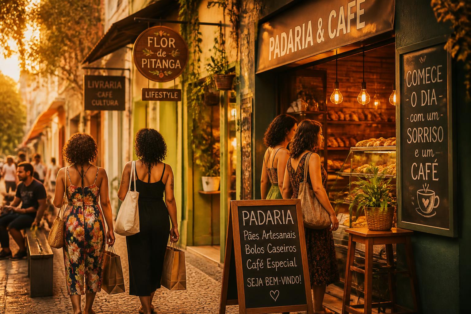 Programa de fidelidade Carimba no comércio local brasileiro — padaria e cafeteria ao entardecer